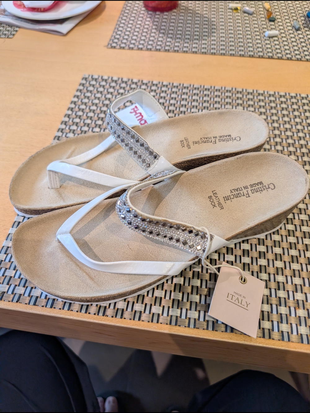 White Beaded Wedge Thong Sandals - Made in Italy